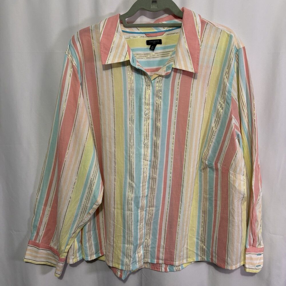 Talbots Button Up Shirt Size 3X Striped Pastel Metallic Gold Preppy Beach